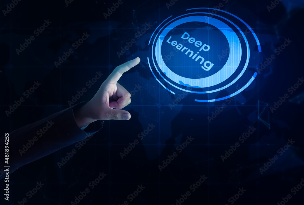 Poster deep learning and artificial intelligence abstract technology concept background. metaverse and virt