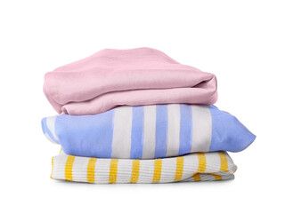 Stack of different female clothes on white background