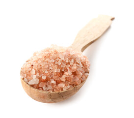 Spoon of iodized salt on white background