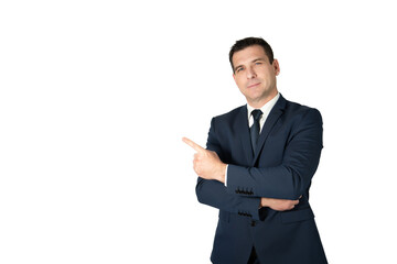 Businessman with his arms crossed and pointing his finger to the side with a smiling face. Salesman...