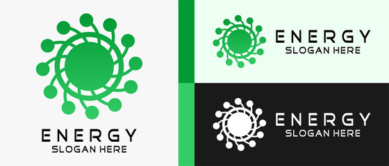 energy logo design template with vortex element concept in dots and circles. premium vector logo illustration