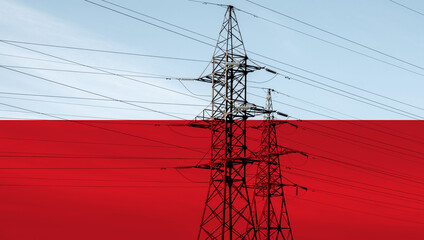Polish flag with electric tower and lines. Energy supply in Poland. High electricity prices. Power...