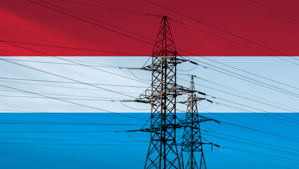 Luxembourgish flag with electric tower and lines. Energy supply in Luxembourg. High electricity...