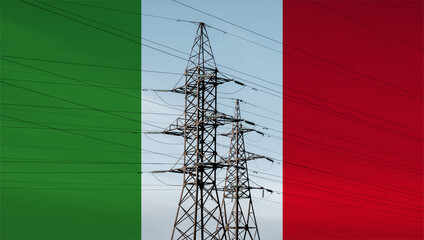 Italian flag with electric tower and lines. Energy supply in Italy. High electricity prices. Power...