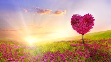 Naklejka na ściany i meble Tree of love in spring. Red heart shaped tree at sunset. Beautiful landscape with flowers.Love background with copy space
