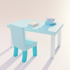 Blue table and chair low poly, heavenly atmosphere. 3d rendering.