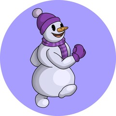 The cartoon character is a cheerful snowman in a purple hat and scarf, the snowman is coming. Vector illustration
