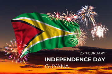 Majestic fireworks and flag of Guyana