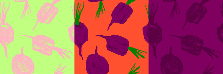 Vector beetroot pattern seamless. Sugar beet background for label, banner, packaging design. Fabric vegan ornament. Vegetarian background. Pencil Illustration. Vegan wallpaper. Purple root vegetable.