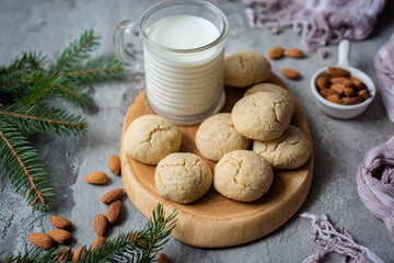 Sweet dessert: almond flour cookies for breakfast. Macaroons for a snack on a gray background. Close-up