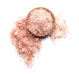Bowl of pink sea salt on white background