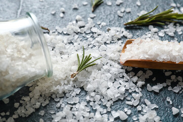 Rock sea salt on dark background, closeup