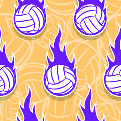 Seamless vector pattern with volleyball ball icons and flames