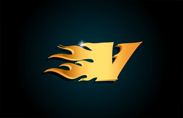 Fototapeta premium gold V alphabet letter icon logo design. Creative template for business with golden flames