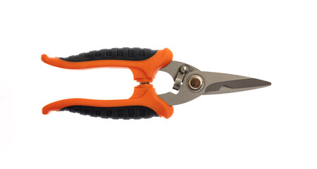 Obraz premium Cutter pliers isolated on white, rubber handle new work tool, design element.