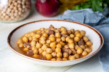 Traditional delicious Turkish foods; Turkish Food Chickpeas with Meat. Turkish name; Etli nohut