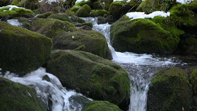 Water flowing in beautiful nature. Rocks covered with green moss and white snow. Idyll winter landscape. Small stream cascading on rocks. Loop video. Fresh nature. Static shot, real time
