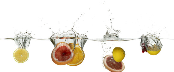 Bright juicy fruits on a light background with a spectacular splash in high resolution