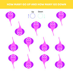 How many go up.How many go down.Counting game with cute cartoon stingray fish.Worksheet for kids.