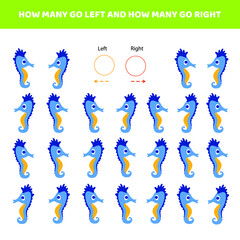 Fototapeta premium How many go left.How many go right.Counting game with cute cartoon seahorse.Worksheet for kids.
