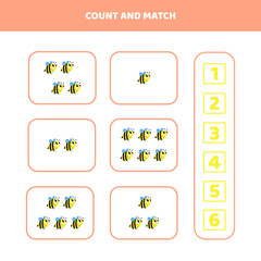 Count and match game for kids with a cartoon bee.