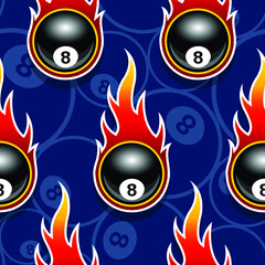 Seamless pattern with billiard pool 8 ball icon and flame © Artoholics