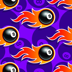 Seamless pattern with billiard pool 8 ball icon and flame