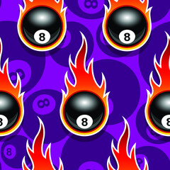 Billiard pool 8 ball icon and fire flame seamless pattern vector digital paper design
