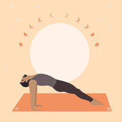 Upward Plank Yoga Pose or Purvottanasana performed by fit Asian man on a beautiful bohemian style background with moon and moon phases, stars.