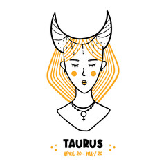 Taurus sign girl conceptual doodle, sketch illustration for astrology, horoscope, zodiac signs design.