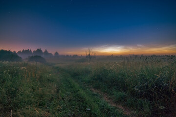 Noctilucent clouds over misty field