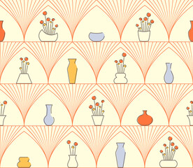 Seamless oriental islamic pattern with arches, vases and flowers.