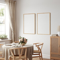Eco Friendly interior style. living room. Kitchen. Frame mockup. Poster mockup. 3d rendering, 3d illustration