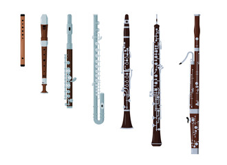 Wind classical orchestral musical instrument icons set isolated on white. Wooden and Block flute, small piccolo and bass flute, bassoon, clarinet and oboe. Vector illustration in flat cartoon style. - obrazy, fototapety, plakaty