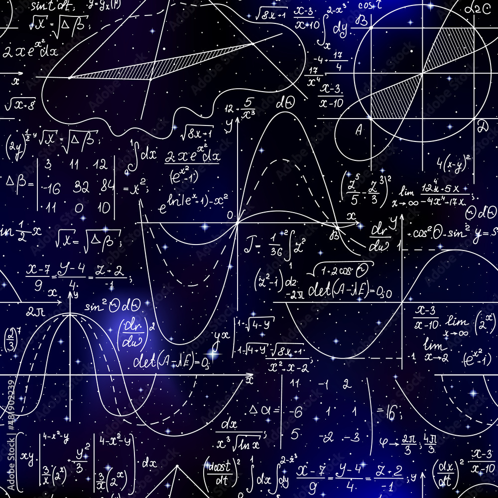 Poster science vector seamless background with math figures, plots and formulas, handwritten on the starry 