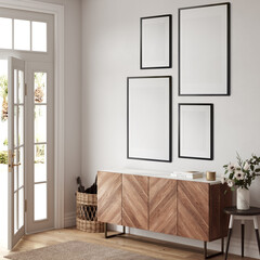 Eco Friendly interior style. living room. Frame mockup. Poster mockup. 3d rendering, 3d illustration
