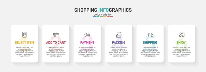 Concept of shopping process with 6 successive steps. Six colorful graphic elements. Timeline design for brochure, presentation, web site. Infographic design layout.