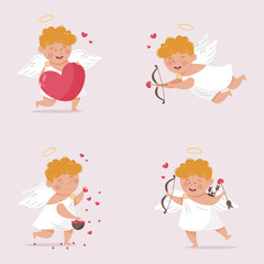 Valentine's Day vector cupid image set in flat style. Love, the 14th of February and Saint Valentine's Day symbol. Angel with wings or Amur holding red heart and shooting arrows from a bow.