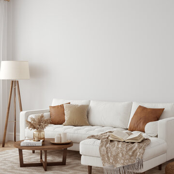 Eco Friendly interior style. living room. Wall mockup. Wall art. 3d rendering, 3d illustration