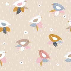 Seamless pattern with birds and leaves. Cute girlish print. Vector hand drawn illustration. - 481903418