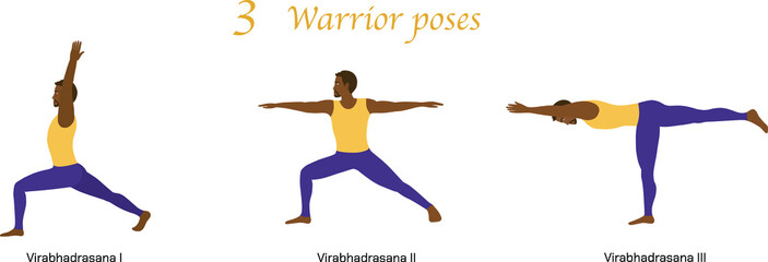 Infographic of 3 yoga poses in flat design. 3 Warrior postures or asanas (Virabhadrasana 1, Virabhadrasana 2, Virabhadrasana 3). African American man is doing yoga, wearing yellow shirt and pants