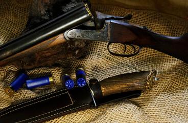 Old compass , hunting knife and sack on wooden table . Clasp, leather, front view, survival camping concept, hunting concept, EDC, Can be used for survival and tourism, Folding knife. 

 