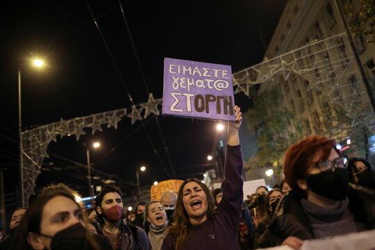 People protest against the cover up of an alleged  woman's rape case in Athens