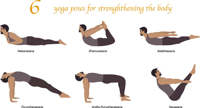 Man Doing Yoga workout. Asanas set of 6 postures. Flat design for infographics. Makarasana, Dhanurasana, Salabhasana, Purvottanasana, Ardha Purvottanasana, Navasana poses