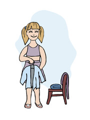 Children's activities and skills. The girl folds her clothes. Trend vector illustration.