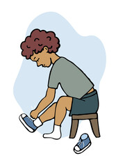 Children's activities and skills. The boy ties his shoelaces. Trend vector illustration.
