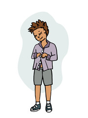 Children's activities and skills. The boy buttons up his shirt. Trend vector illustration.
