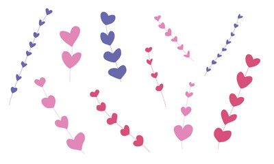 Pink flowers or branches made of hearts with love. Set of heart shaped plants in cute romantic colors for valentines day
