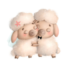 Illustration of cute cartoon animal wedding. Animals hug. Sheeps.