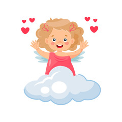Vector illustration with a cute cupid girl, a cloud and hearts